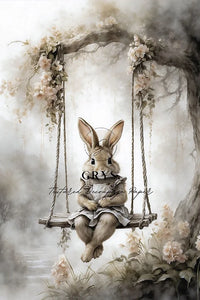 Bunny on a swing Decoupage Paper- A1 size