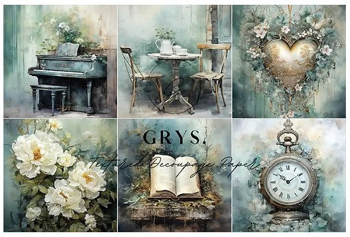 Multi 6 Images - Grey Teal Shabby Decoupage Paper - A1 size