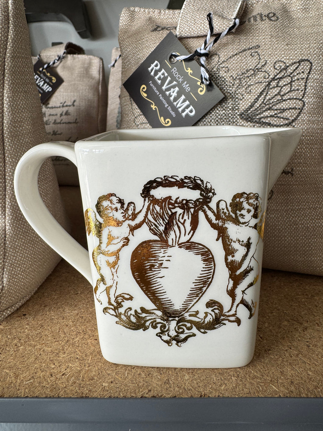 White Ceramic Little Square Jug with Gold Transfer