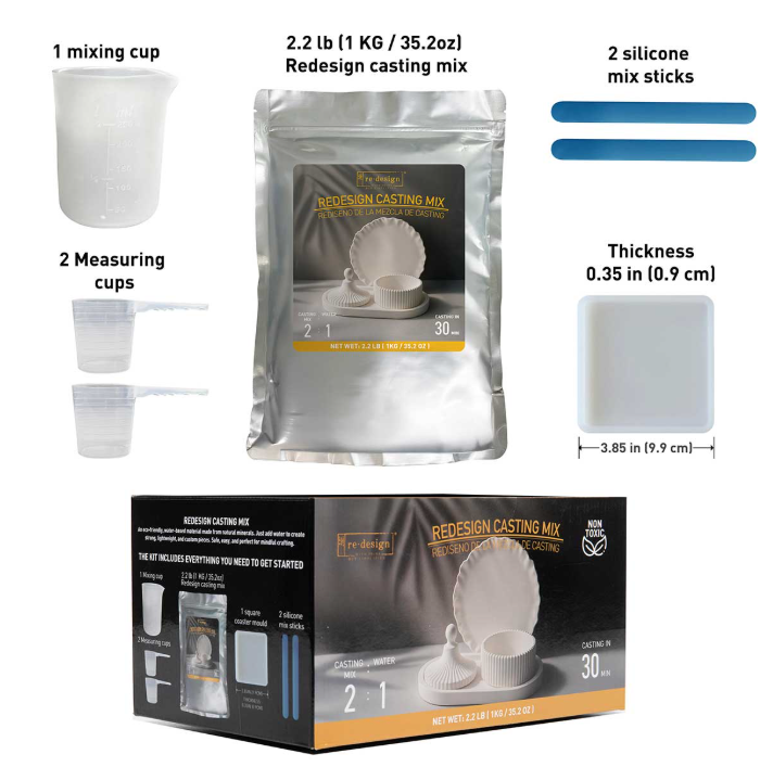 Redesign Casting Mix Kit – 1 bag of mix (2.2 lbs) + 1 silicone mixing cup + 2 plastic measuring cups + 1 silicone square coaster mould + 2 silicone mixing sticks