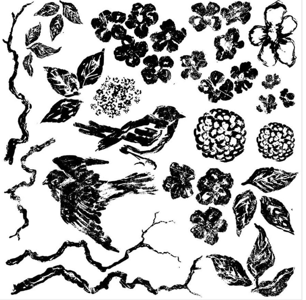 IOD Decor Stamp 30.5 x 30.5cm - Bird Branches Blossom (with masks) *RETIRED*